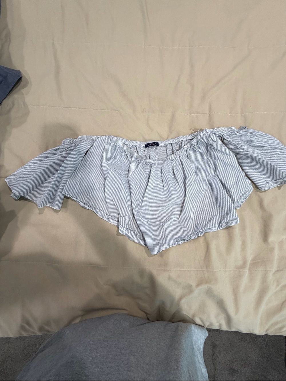 UK2LA Light Blue Striped Off-Shoulder Crop Top